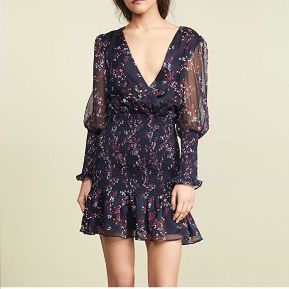 KEEPSAKE the Label Dresses & Skirts - Keepsake Embrace Smocked Longsleeve VNeck Mini Dress Navy Floral Cocktail Sz S